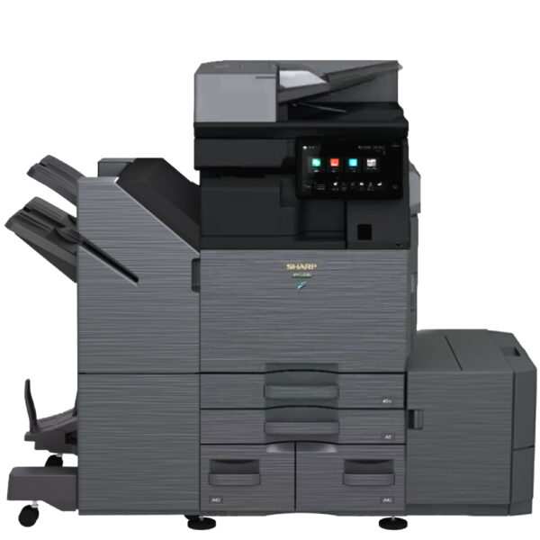 Sharp BP-50C55 w/ 3 trays with tandem-split drawer, 3K Booklet Finisher, and Large Capacity Cassette